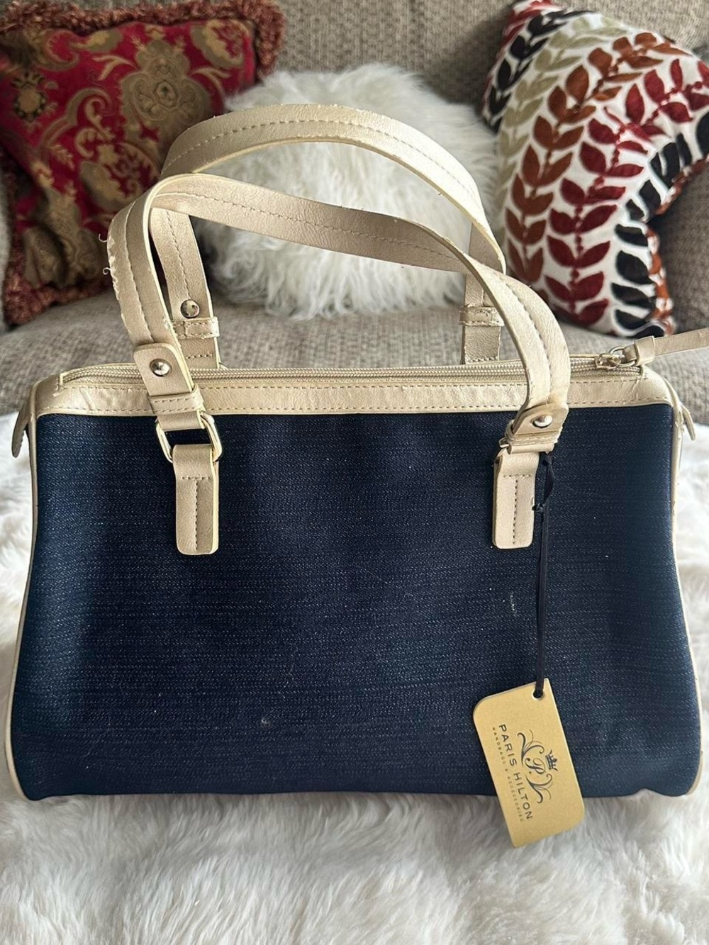 Paris Hilton Navy and Cream Tote Bag with Logo Charm - Picture 4 of 6
